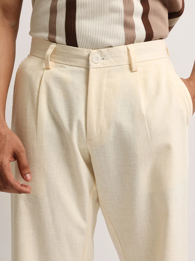 Maniac  Maniac Mens Solid Cream Turkish Linen Cotton Blend Trouser for Men | Best Price UAE